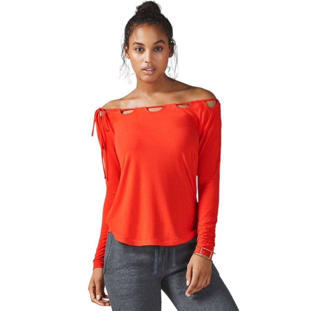 Fabletics Carla Drawstring Boatneck Long Sleeve Top Red Orange